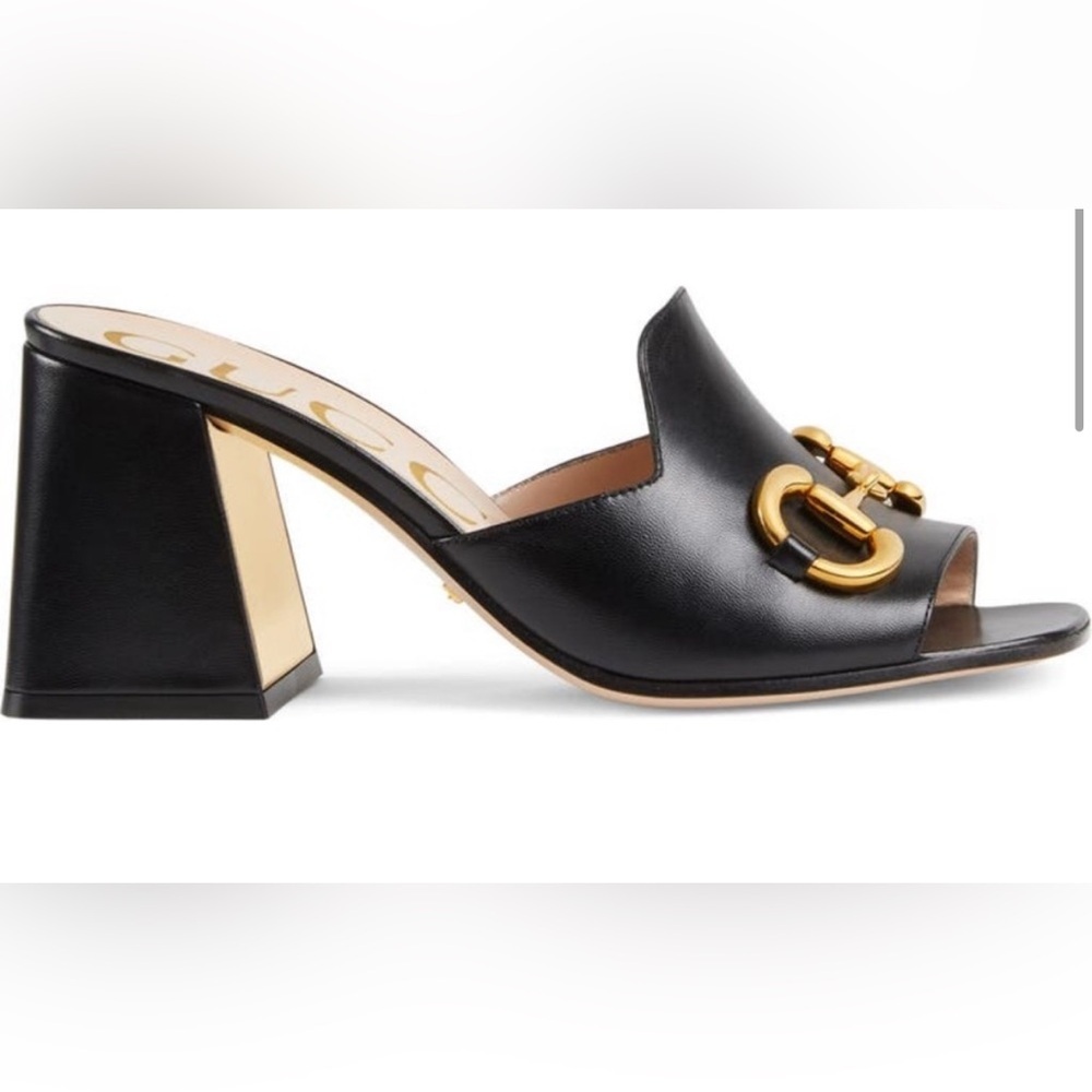 Gucci 38.5 (8.5) Black Nappa Mule Sandal Slide Baby Horsebit Retail $920 - Picture 2 of 13